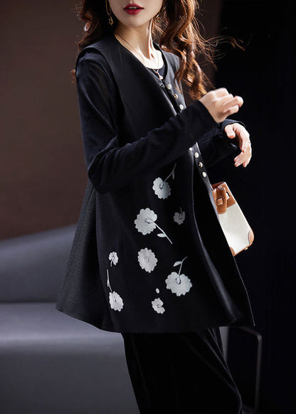 Black O-neck Embroidered Button Cotton Waistcoat Sleeveless