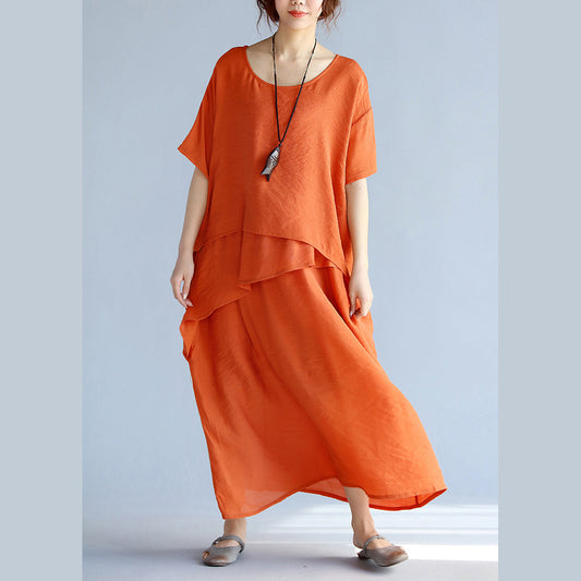 New Orange Long Linen Dresses Clothing Layered Cotton Dresses New Short Sleeve Linen Cotton Dress