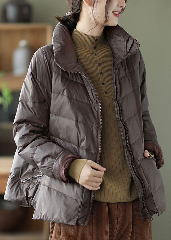 Unique Khaki Stand Collar Pockets Winter Down Coats