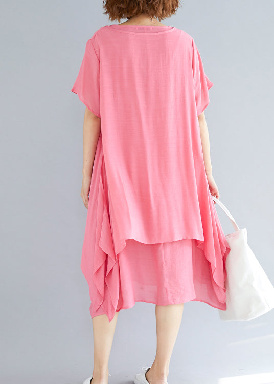 O Neck Asymmetric Linen Clothes Organic Neckline Pink Oversized Dress Summer