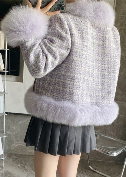 Purple Faux Fox Collar Button Leather and Fur Coat Winter