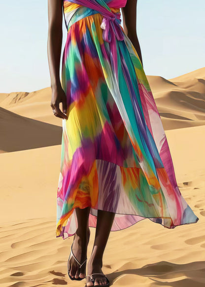Rainbow Tie Dye Chiffon Spaghetti Strap Dress Summer