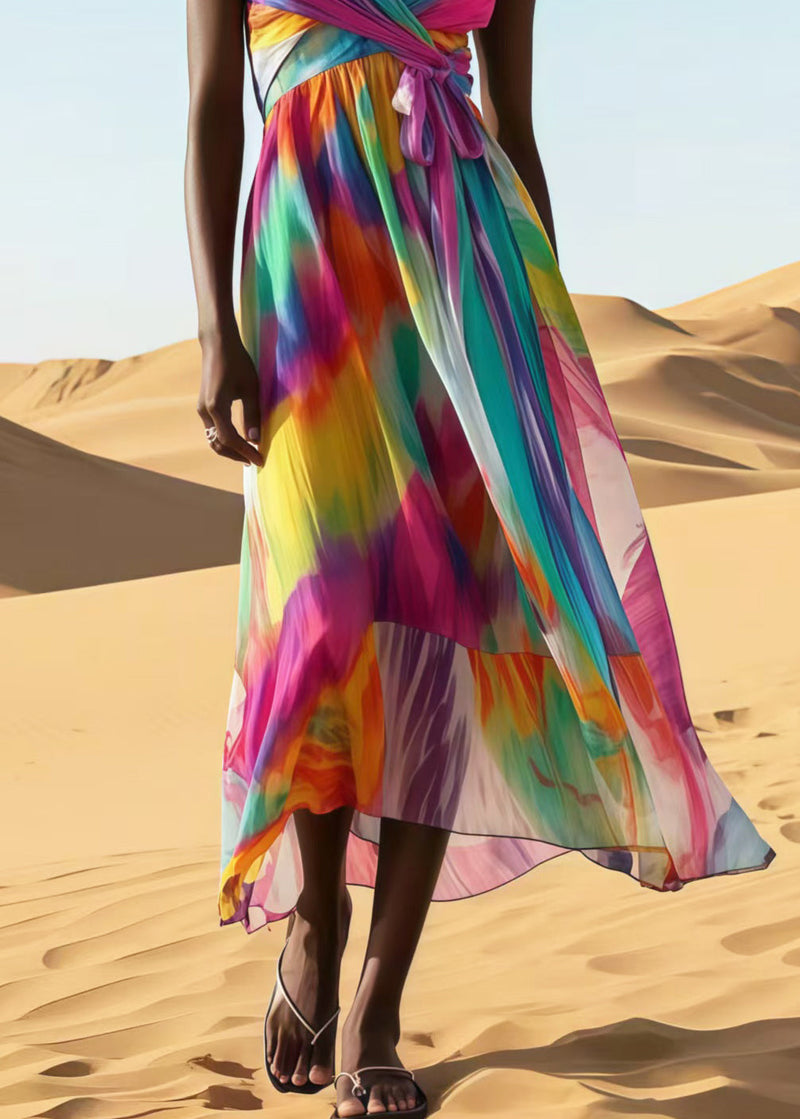 Rainbow Tie Dye Chiffon Spaghetti Strap Dress Summer