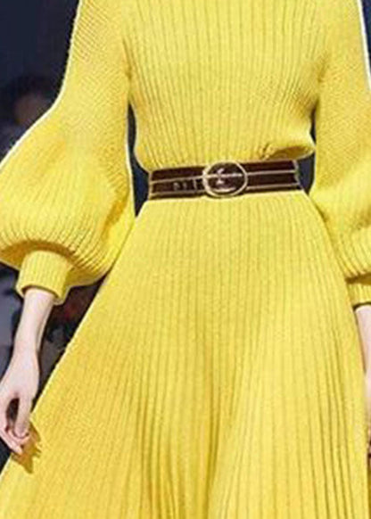 Yellow Tunic Cotton Knit Sweater Dress Lantern Sleeve