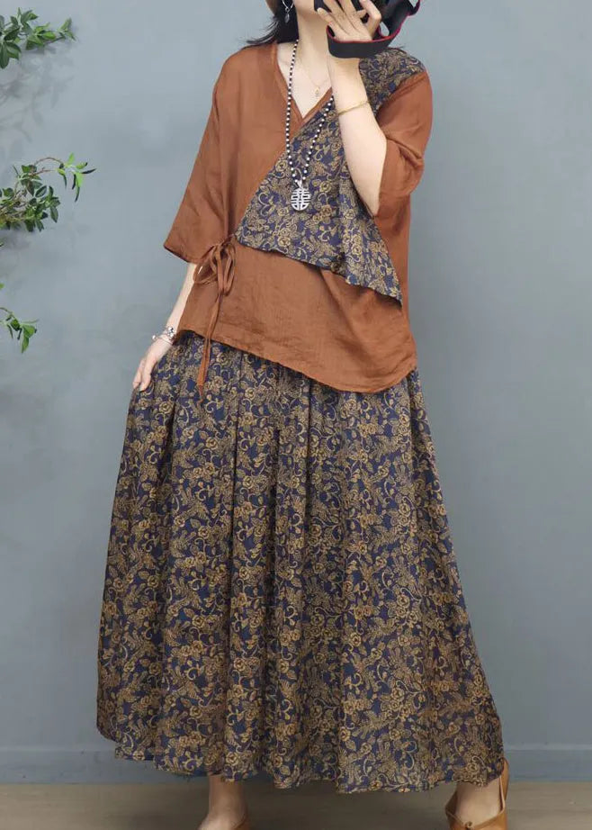 New Khaki Print Patchwork Tops and Skirts Cotton Two Pieces Set Summer