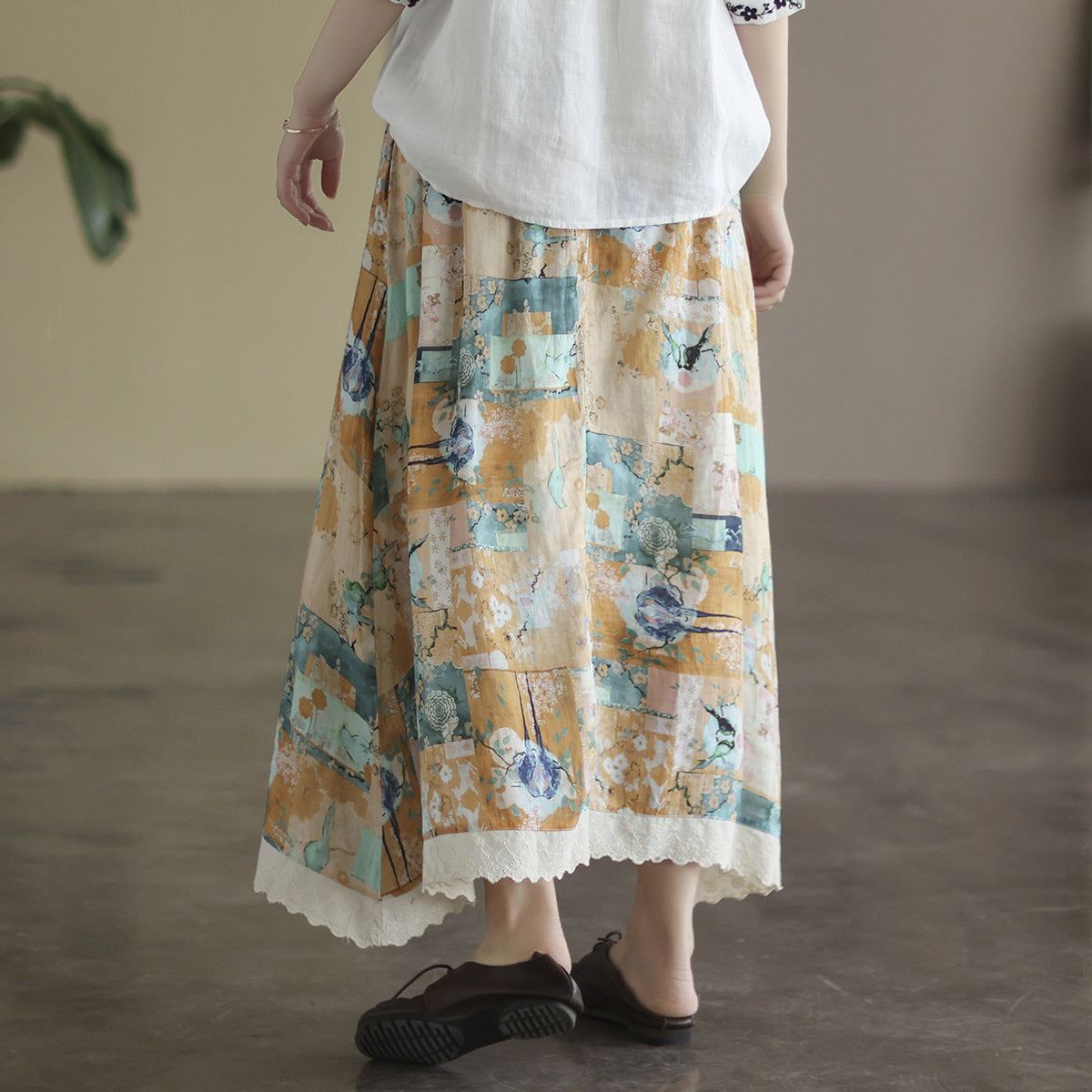 Retro Linen Print Cozy Loose A-line Trimmed Skirt