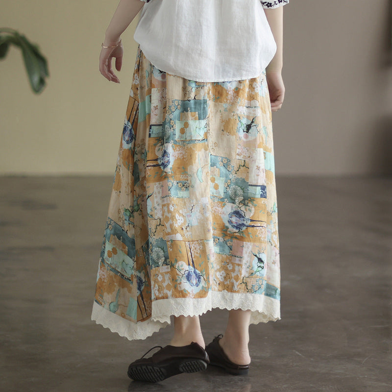 Retro Linen Print Cozy Loose A-line Trimmed Skirt
