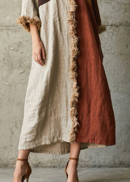 Stylish Colorblock Oversized Patchwork Faux Fur Robe Dresses Bracelet Sleeve