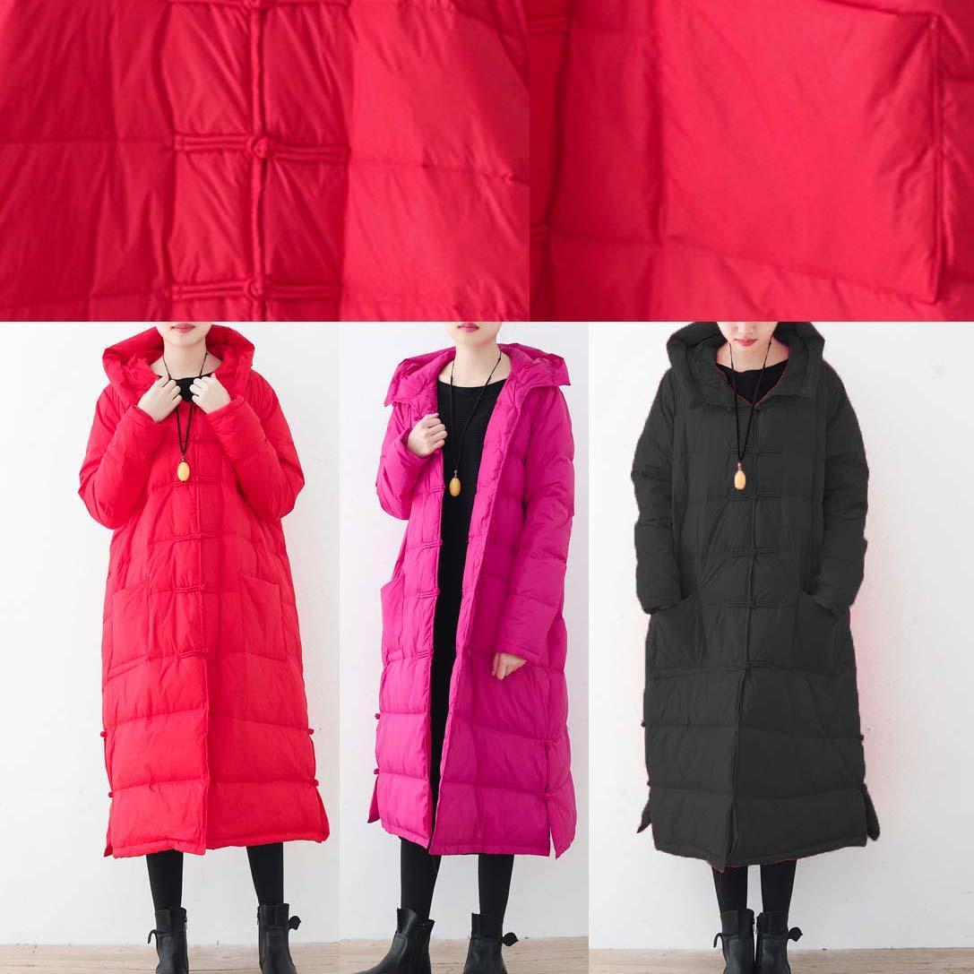 Fine Rose Red Puffers Jackets Loose Fitting Down Jacket New Hooded Winter Outwear Chinese Button