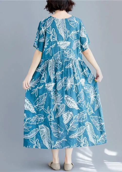 Blue Print Linen Clothes for V Neck Cinched Cotton Summer Dresses