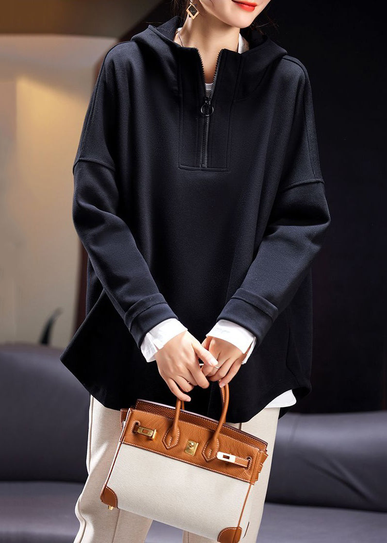 Black Hooded Zippered Pockets Cotton Sweatshirt Long Sleeve