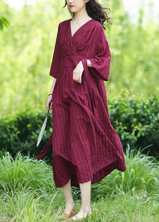 Style V Neck Tie Waist Linen Clothes Ideas Burgundy Dresses