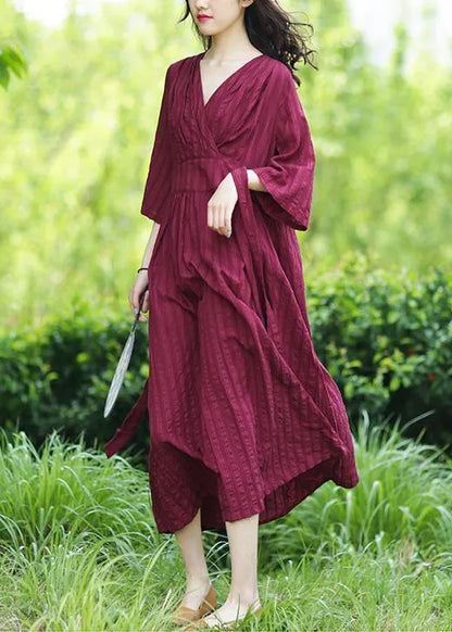 Style V Neck Tie Waist Linen Clothes Ideas Burgundy Dresses