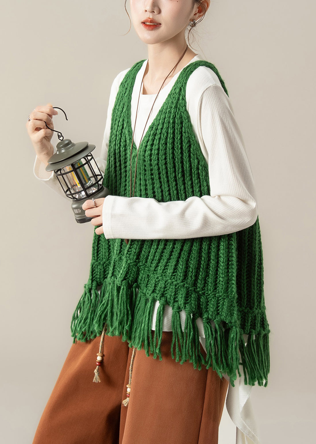 Green V Neck Tasseled Knit Vest and White Cotton T Shirt Two Pieces Set Fall