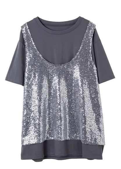 Boutique Grey O-neck Sequins Patchwork Fake Two Pieces Silk T Shirt Short Sleeve