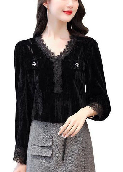 Diy Black V Neck Patchwork Silk Velour Shirts Long Sleeve
