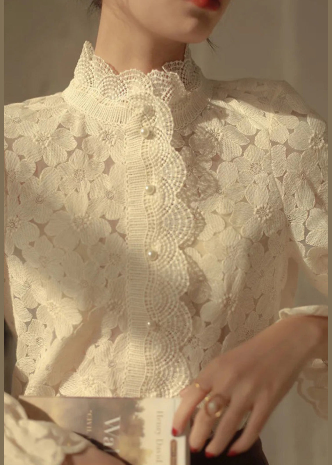 French Beige Stand Collar Lace Warm Fleece Top Long Sleeve