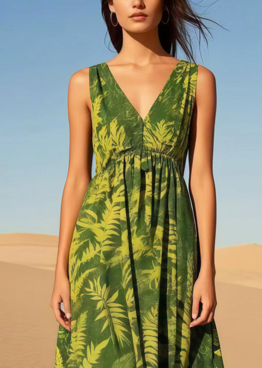 Tea Green V Neck Print Cotton Cami Dresses Summer