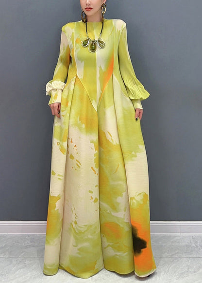 Green Print Wrinkled Cotton Maxi Dresses Puff Sleeve