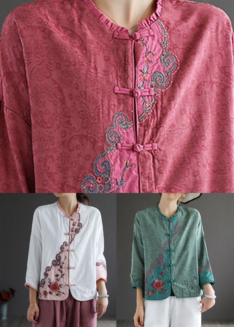 White Ruffled Embroidered Patchwork Cotton Tops Spring