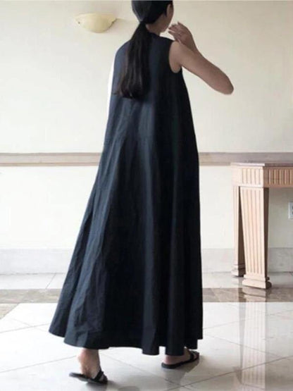 Handmade Black Linen Dresses O Neck Sleeveless Cotton Robes Summer Dresses