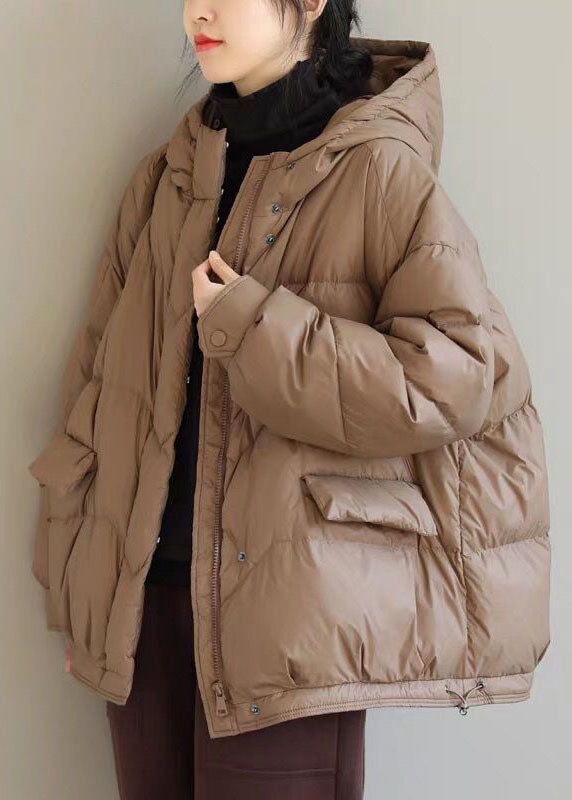 Khaki Duck Down Puffer Jacket Hooded Pockets Winter