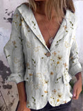 Watercolor Minimalist Spring Floral Pattern Printed Women's Linen And Cotton Pocket Coat