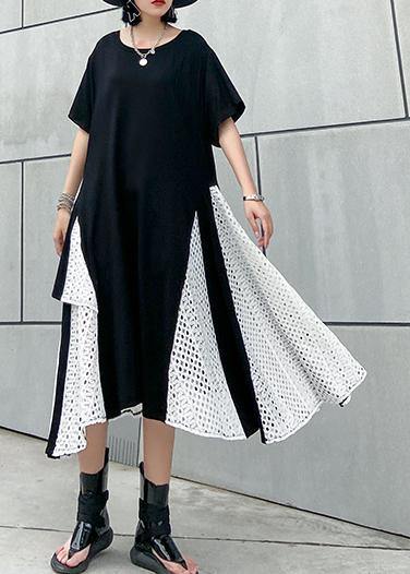 French Asymmetric O Neck Cotton Clothes Pattern Black Cotton Robes Dresses