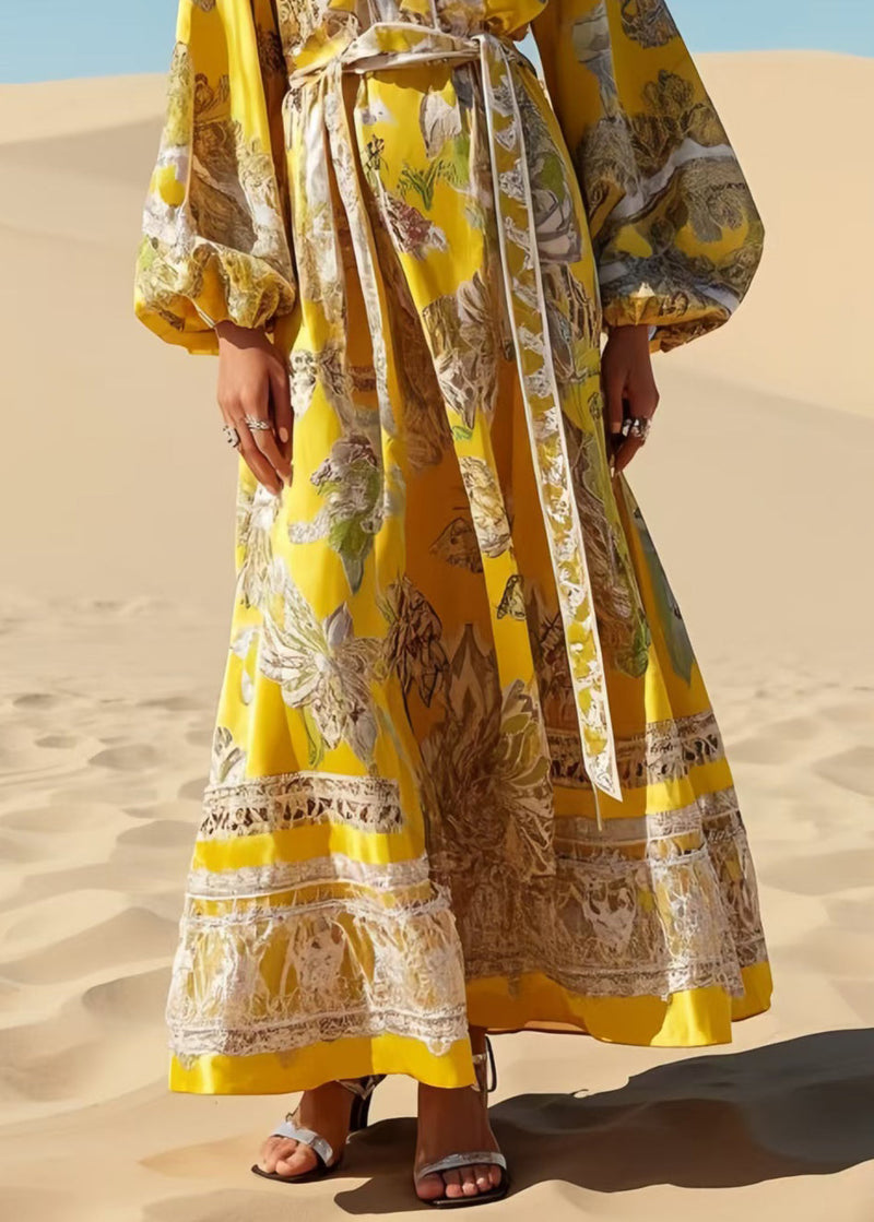 Yellow Tie Waist Print Chiffon Robe Dresses Spring