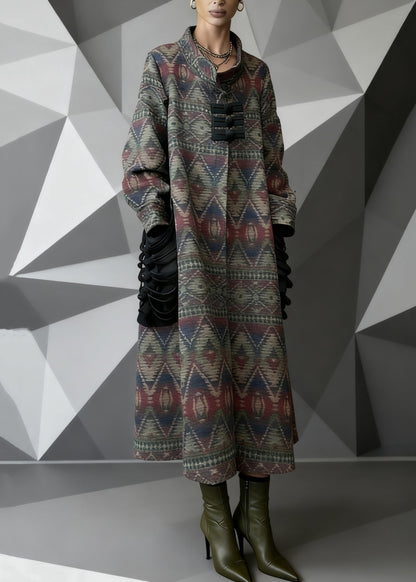 Print Pockets Patchwork Woolen Long Coat Spring