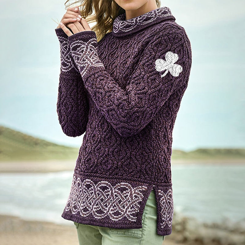 Women's Celtic Knotted Clover Creative Jacquard Turtleneck Sweater artswardrobe