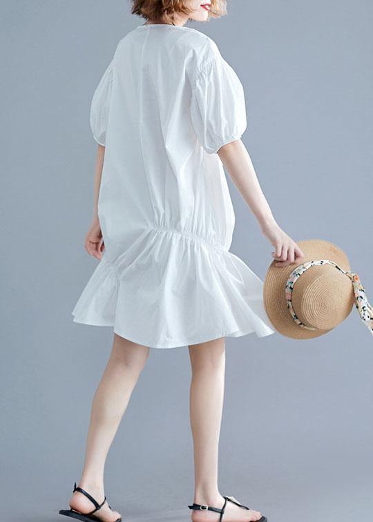 O Neck Lantern Sleeve Cotton Pattern White Dresses