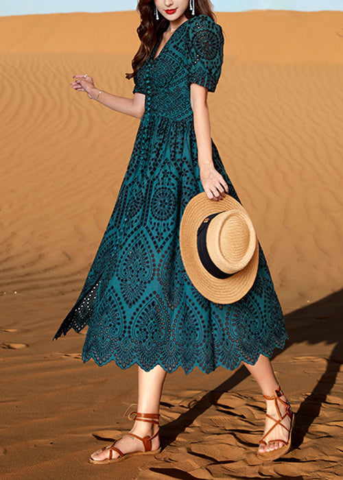 Blackish Green V Neck Hollow Out Cotton Dresses Summer