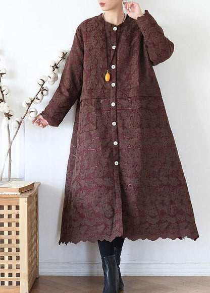 Unique Coffee Retro Jacquard Pockets Fall Coats Long Sleeve