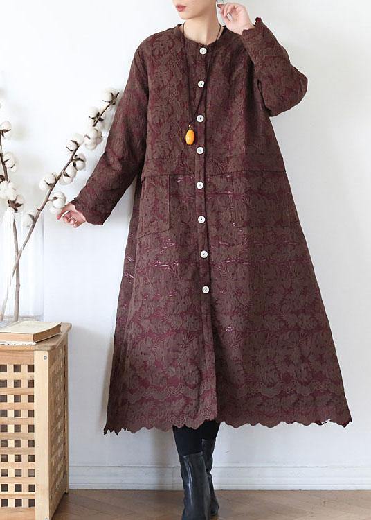 Unique Coffee Retro Jacquard Pockets Fall Coats Long Sleeve