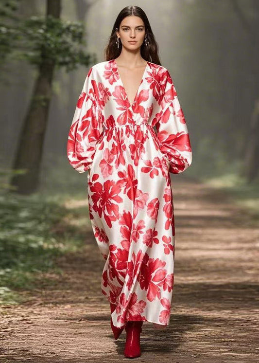 Red V Neck Print Pockets Silk Maxi Dresses Spring