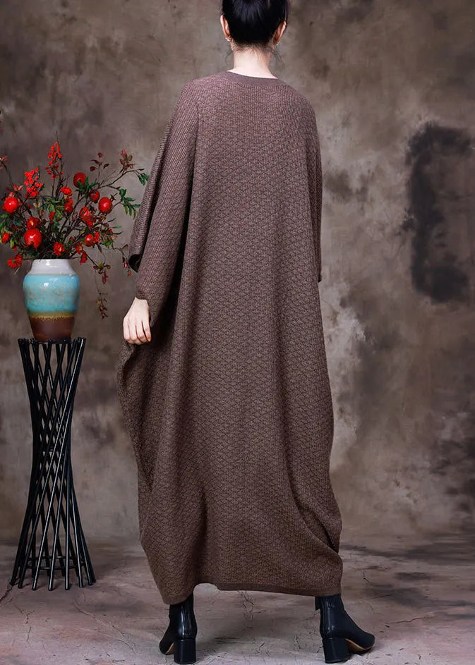 Light Coffee O-neck Button Pockets Cashmere Maxi Dress Long Sleeve