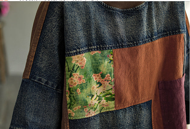 Print Denim Panel Doll Sleeve T-shirt