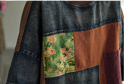 Print Denim Panel Doll Sleeve T-shirt