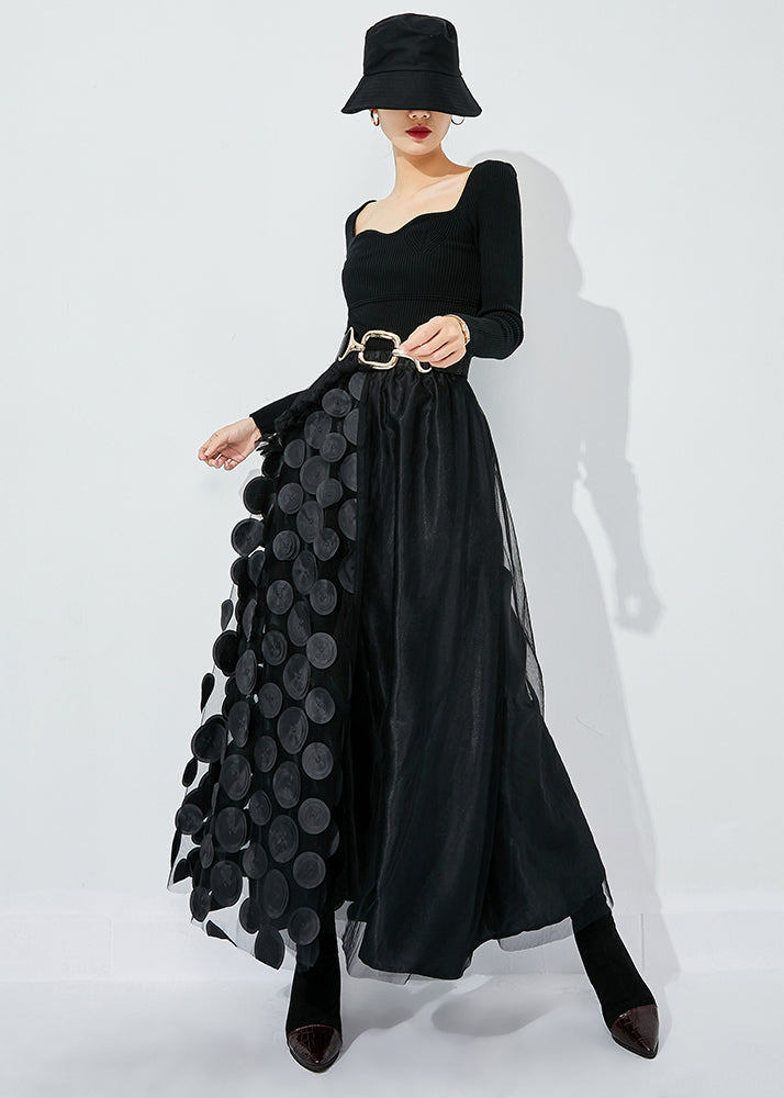 Black-green Dot Ruffled Patchwork Dot Tulle a Line Skirts Summer