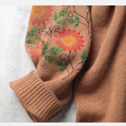 Retro Cotton Flower Printed Loose Sweater