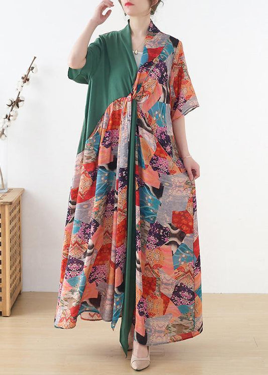 Green Patchwork Print Vacation Summer Chiffon Dress
