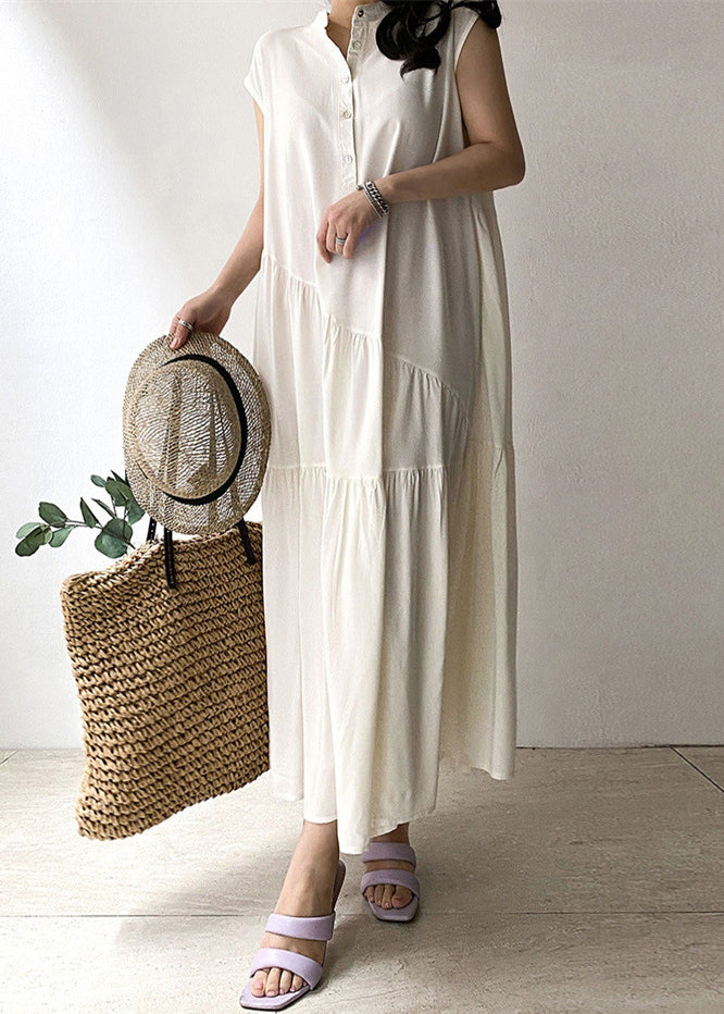 Khaki Wrinkled Button Pockets Cotton Long Dress Summer