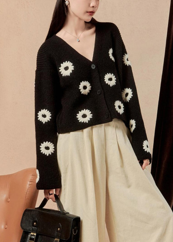 Black V Neck Button Knit Sweaters Winter