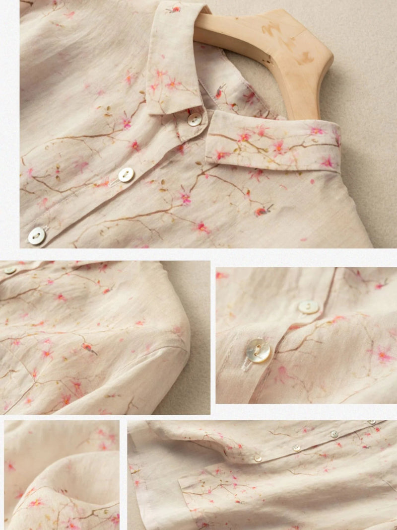 Print Long Sleeve Linen Shirt Top