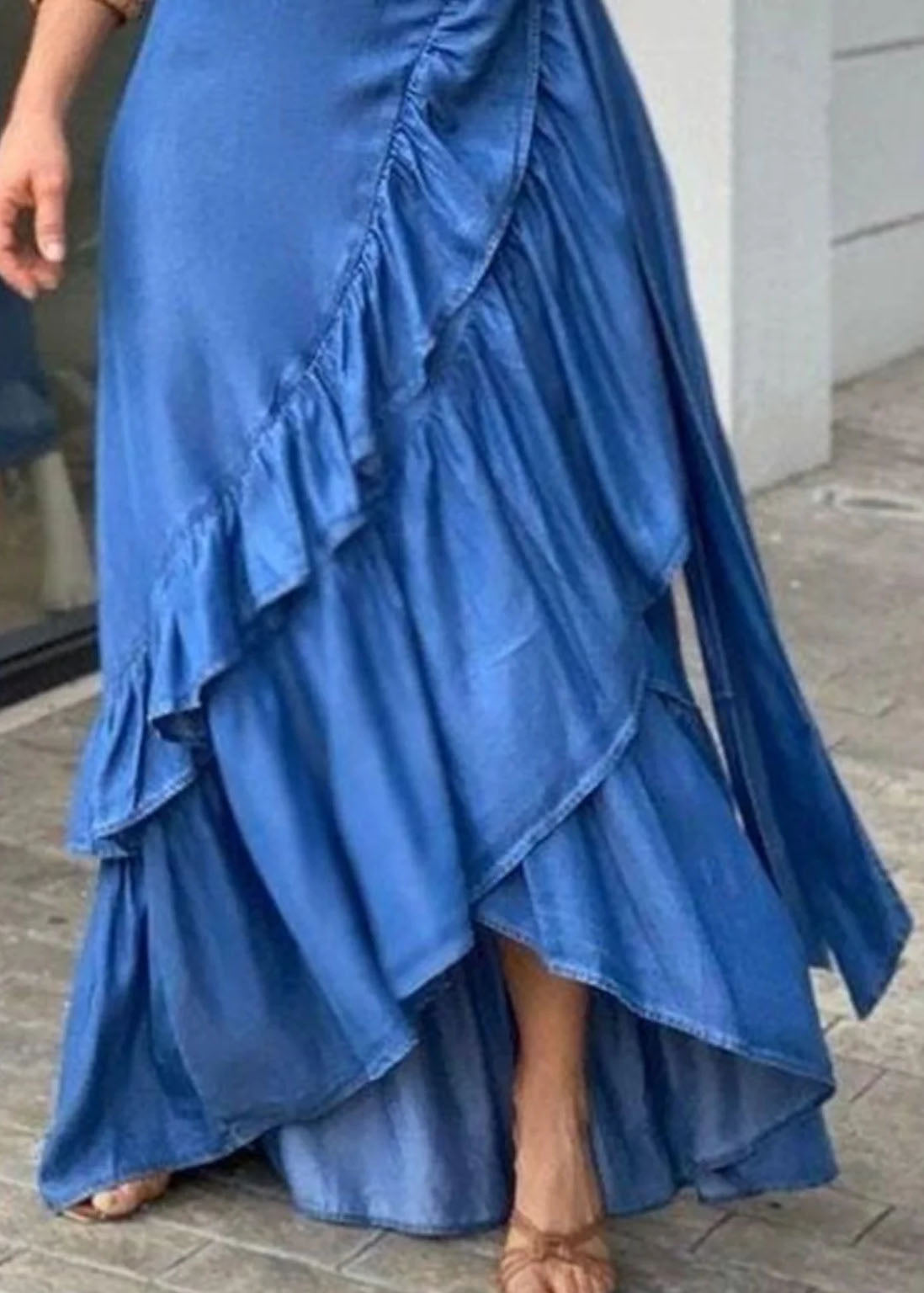 Blue Ruffled Tie Waist Patchwork Denim Skirts Summer