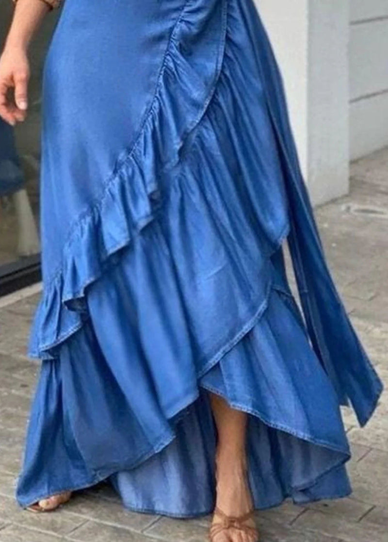 Blue Ruffled Tie Waist Patchwork Denim Skirts Summer