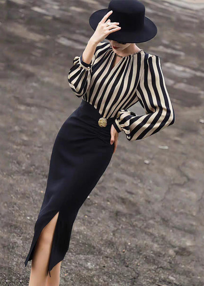 Striped Side Open Patchwork Cotton Long Dress Fall