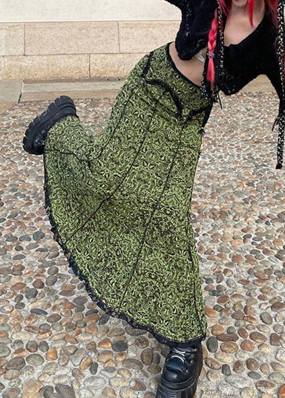 Diy Green Patchwork Lace Print High Waist Cotton Skirt Spring