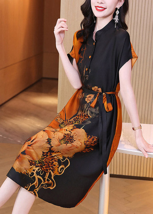 O-neck Print Button Tie Waist Silk Maxi Dresses Short Sleeve